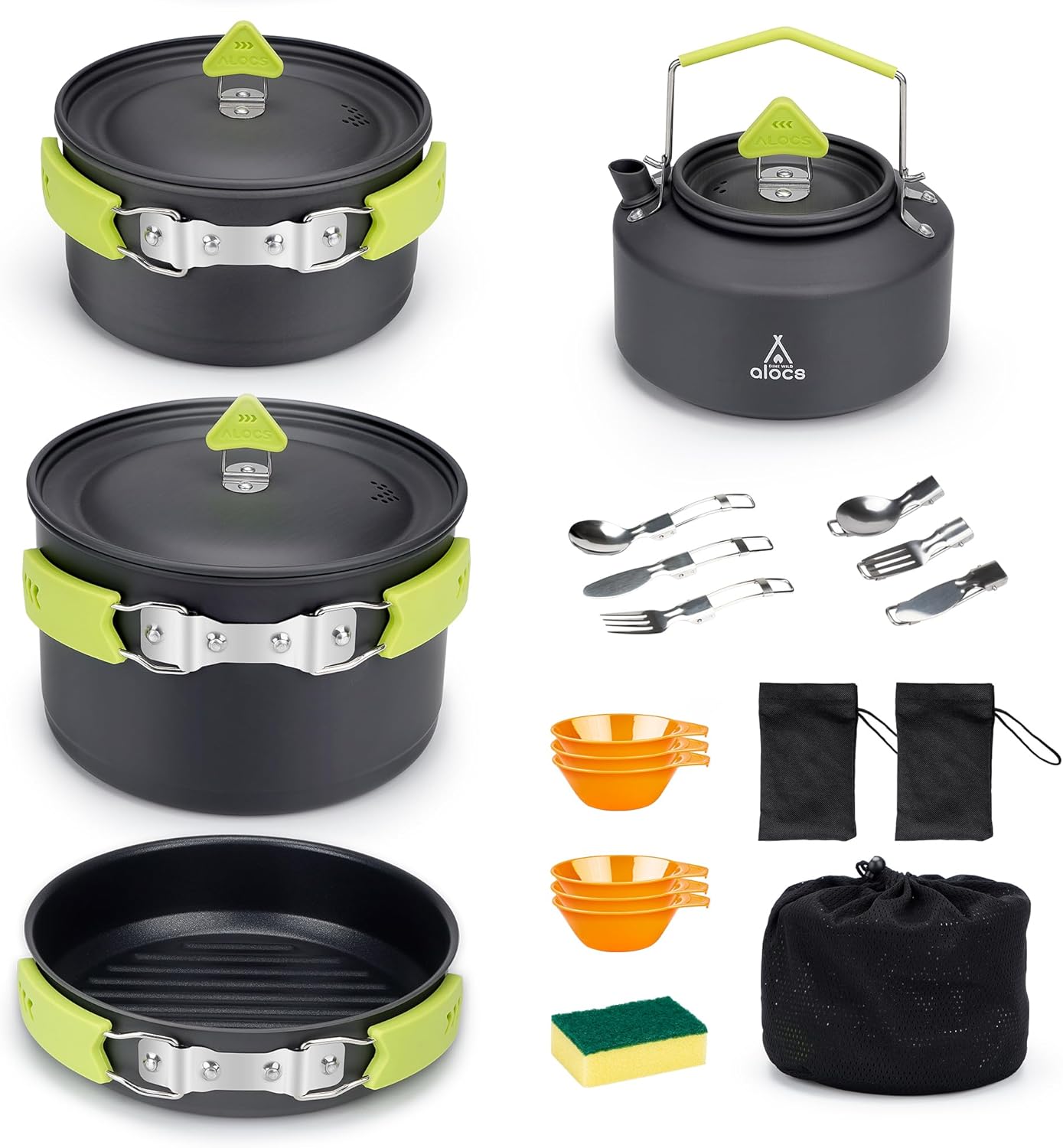 Non-Stick Camping Cookware Set w/ Kettle - Camp Kitchen Essential