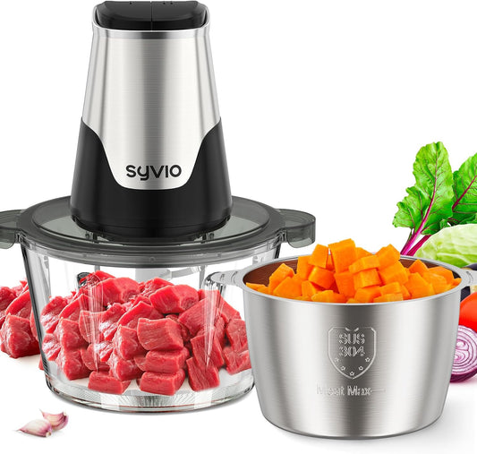 Syvio 450W Food Processor: 2 Bowls, 4 Blades, 2 Speeds!