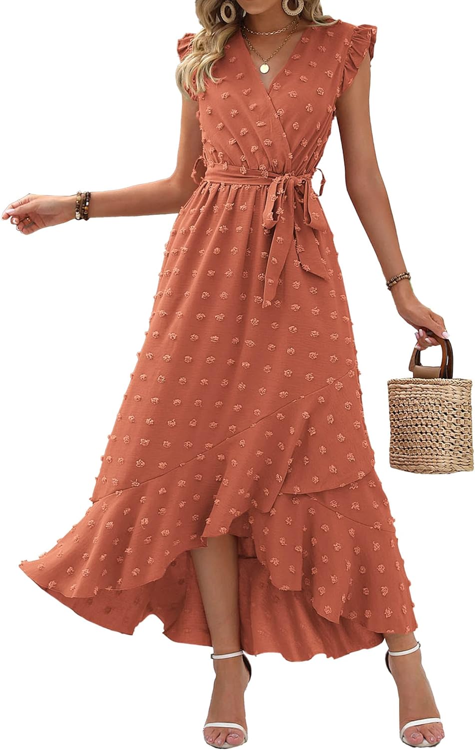 BTFBM Women V Neck Summer Dress Boho Flowy Ruffle Maxi