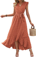 BTFBM Women V Neck Summer Dress Swiss Dot Boho Maxi - Flattering Fit