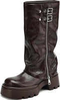 Women's Knee High Riding Boots Chunky Platform Low Heel - Moto Buckle