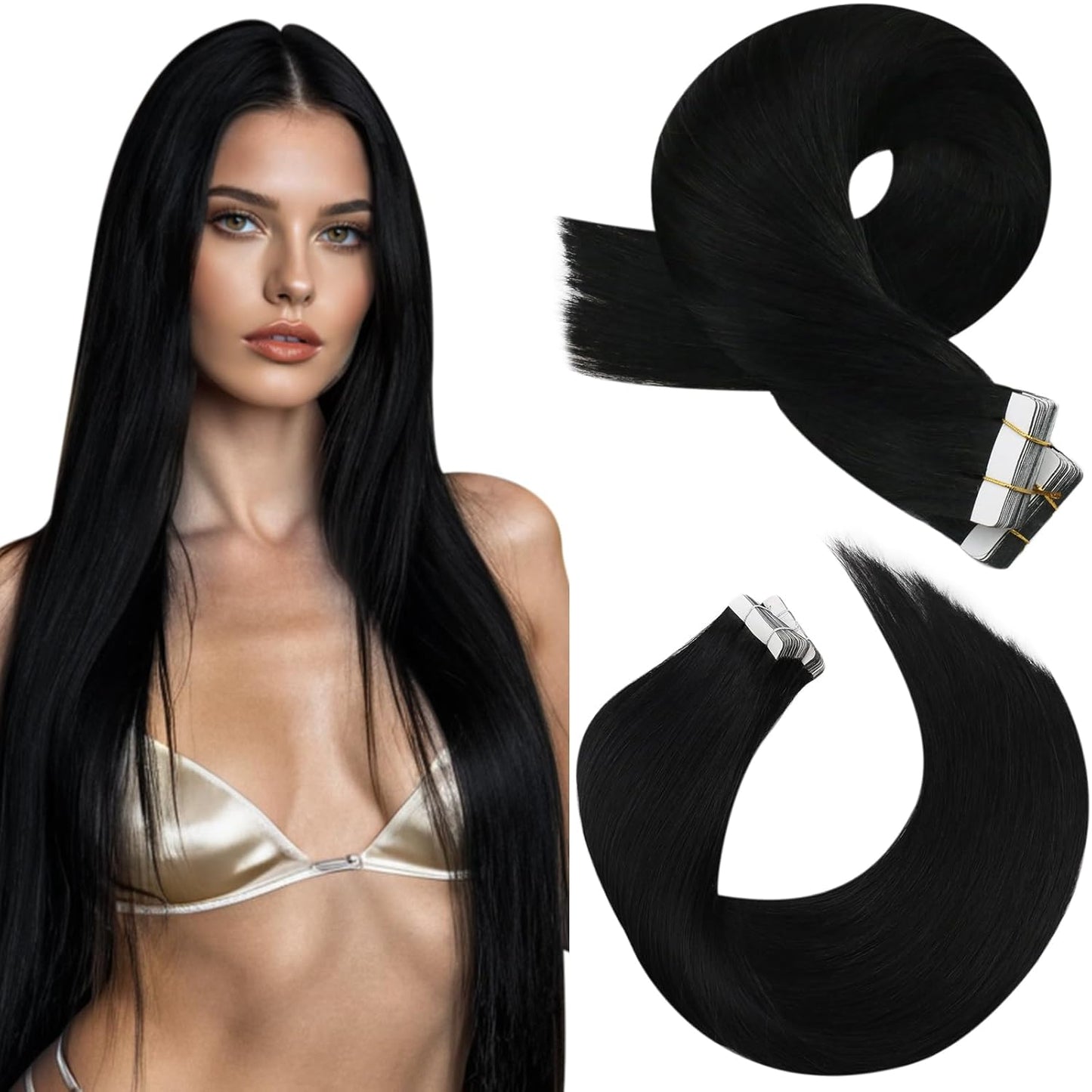 Moresoo Black Tape Hair Extensions 16 Inch Real Hair for You