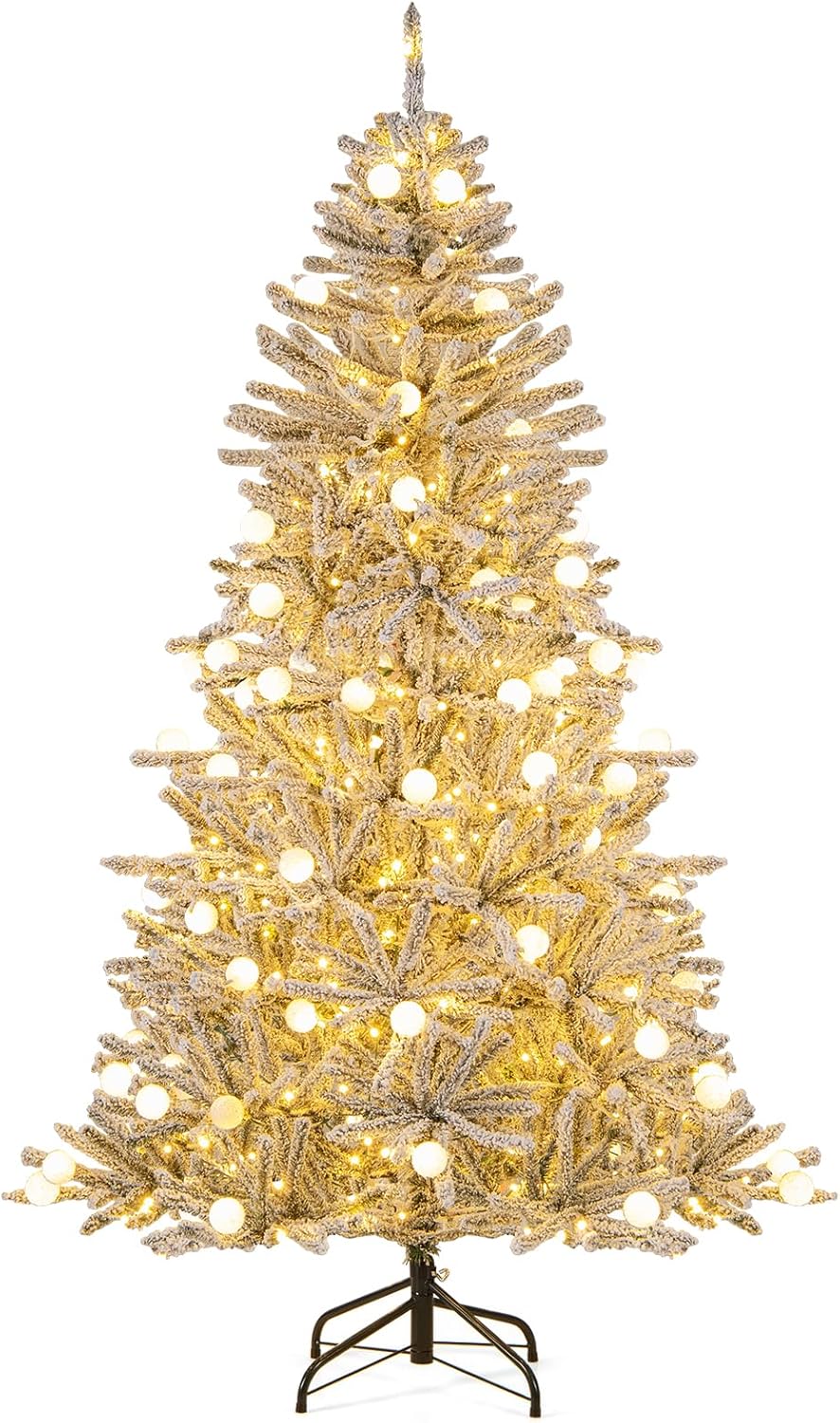 Goplus 6 FT Pre-Lit Snow Flocked Christmas Tree for Holidays