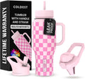36 oz Pink Checkers Coldest Tumbler with Handle - Leak Proof Insulated