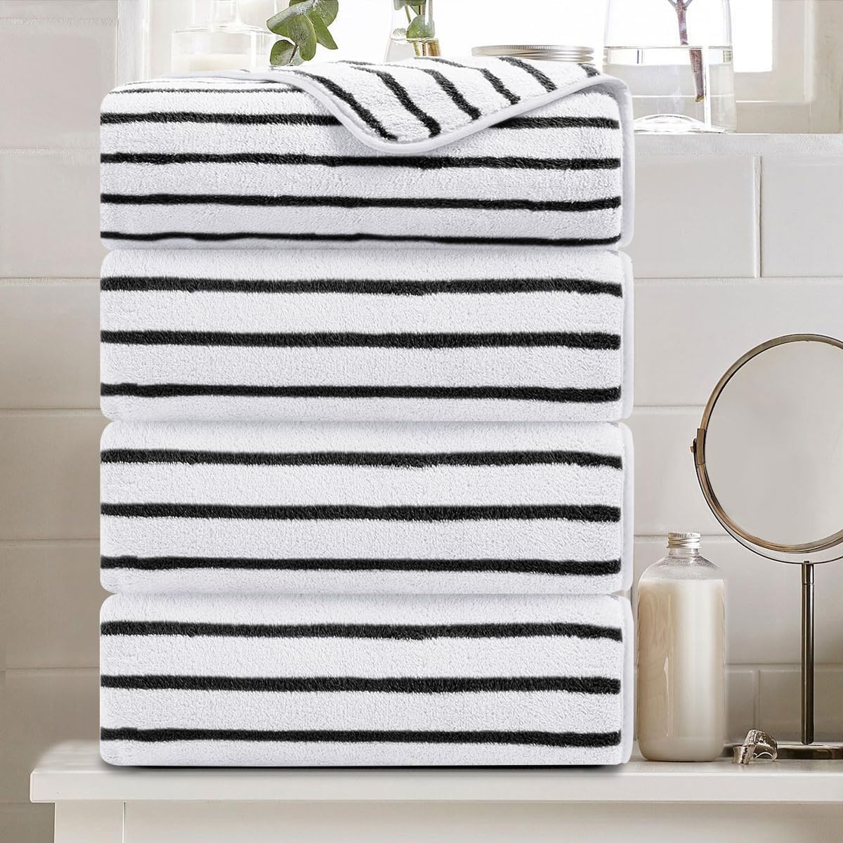 Oversized Black White Cabana Stripe Bath Towels Set for Home