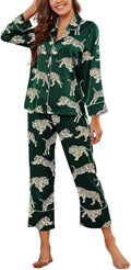 Women's Black Satin Pajama Set - Cute Lace Tiger Pattern