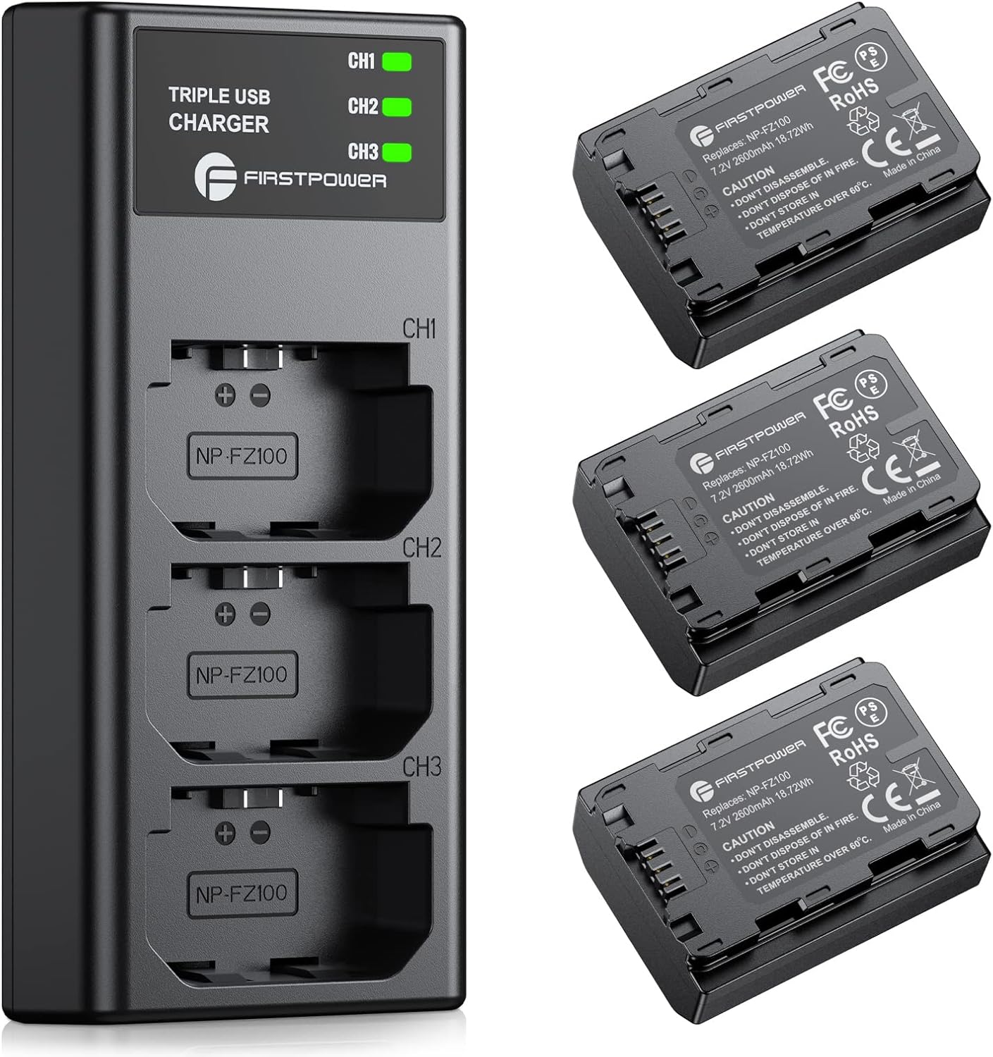 Power Trio: FirstPower NP-FZ100 3-Pack & Charger