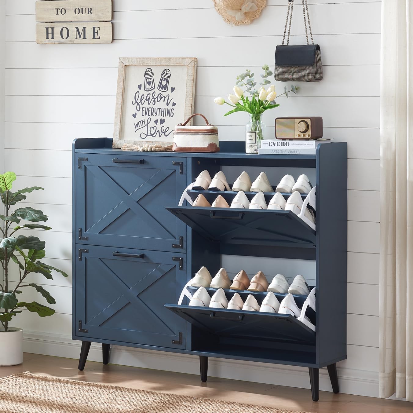 Farmhouse Shoe Storage Cabinet with 4 Flip Drawers Design