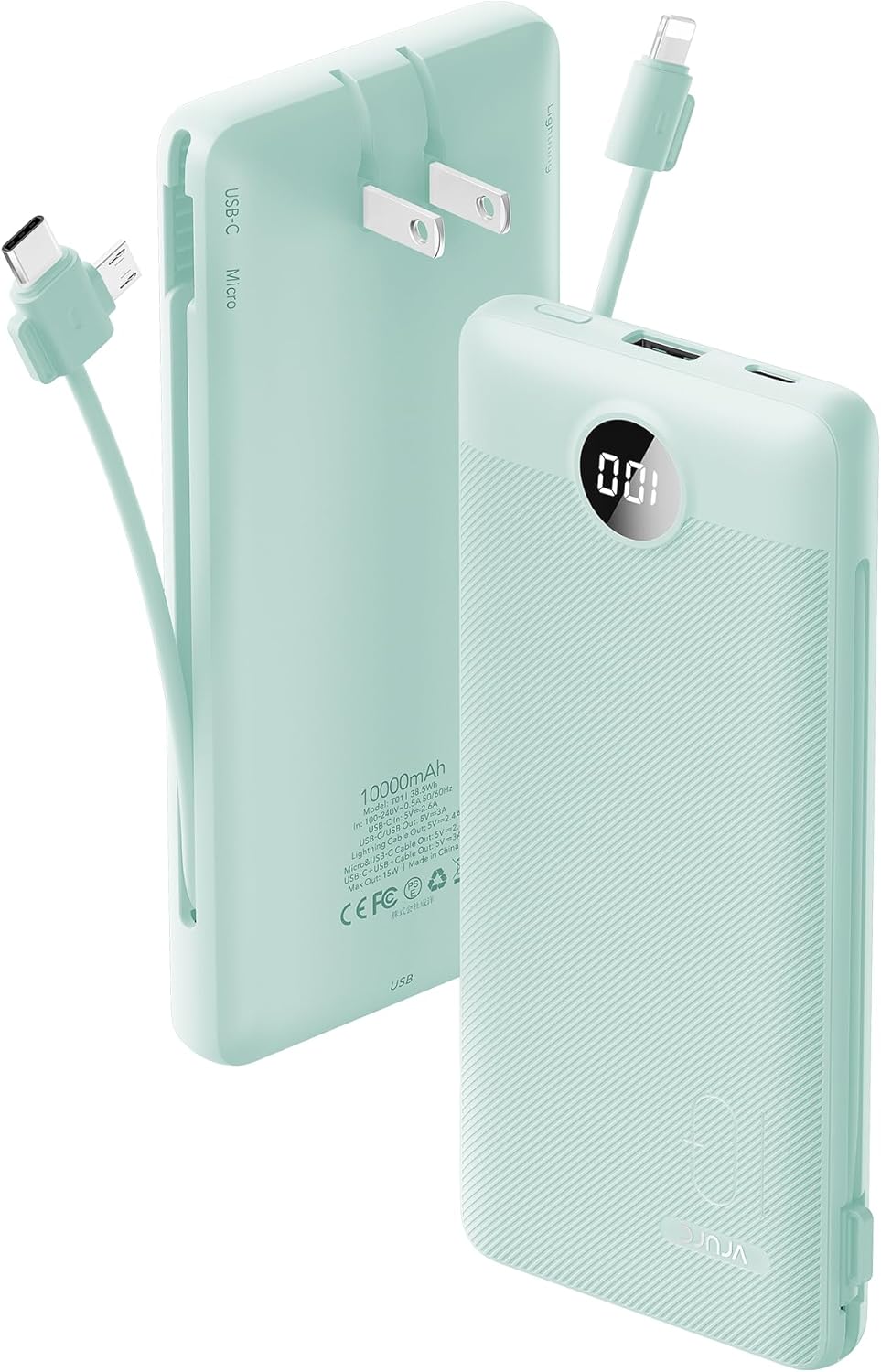 Portable 10000mAh USB C Power Bank - Built-in Cables, AC Wall Plug - Green