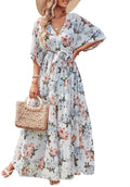 Womens Boho Flowy Wrap V Neck Maxi Dress - Flattering Summer Wear