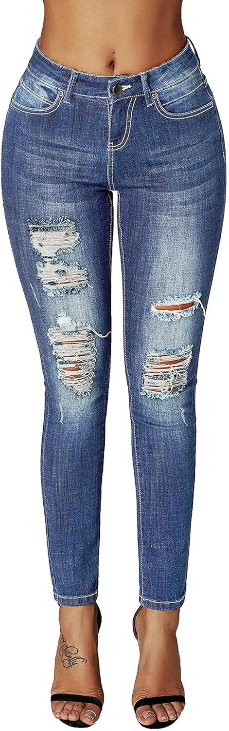 Roswear Women's Ripped Mid Rise Skinny Jeans for Stylish Comfort