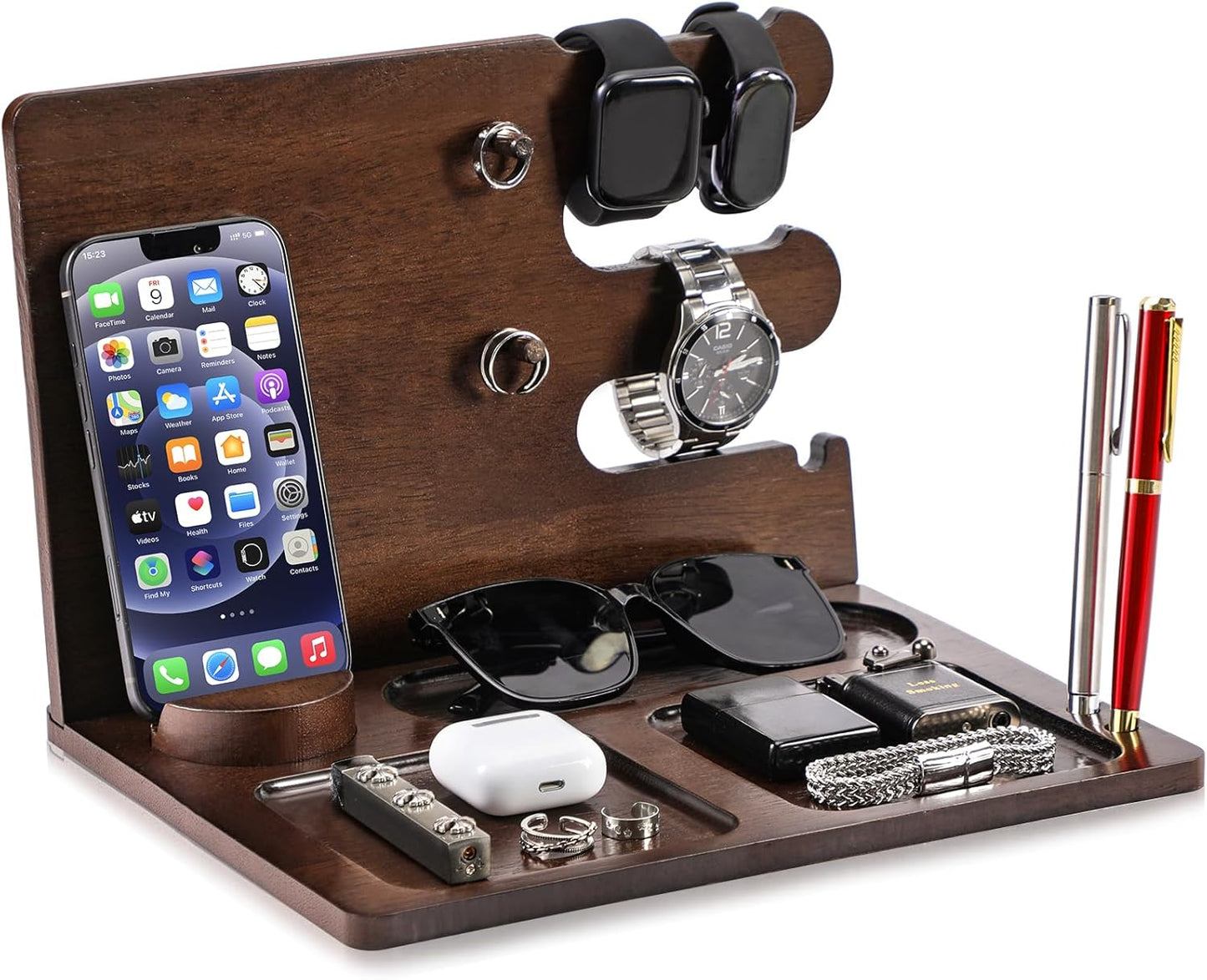 Natural Walnut Wood Nightstand Organizer for Men and Gifts