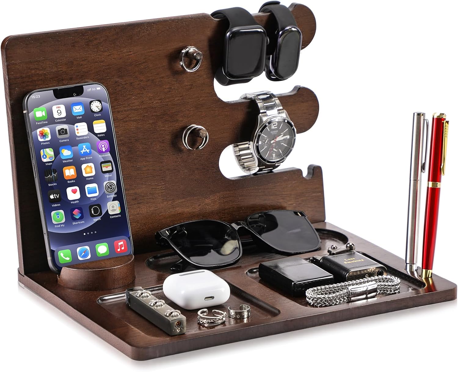 Natural Walnut Wood Nightstand Organizer for Men and Gifts