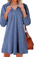 Denim Dress for Women V Neck 3/4 Puff Sleeve - Casual Fall Style
