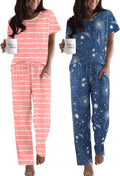 Womens 2 Pack Pajama Sets Short Sleeve and Pants - Soft 4 Piece