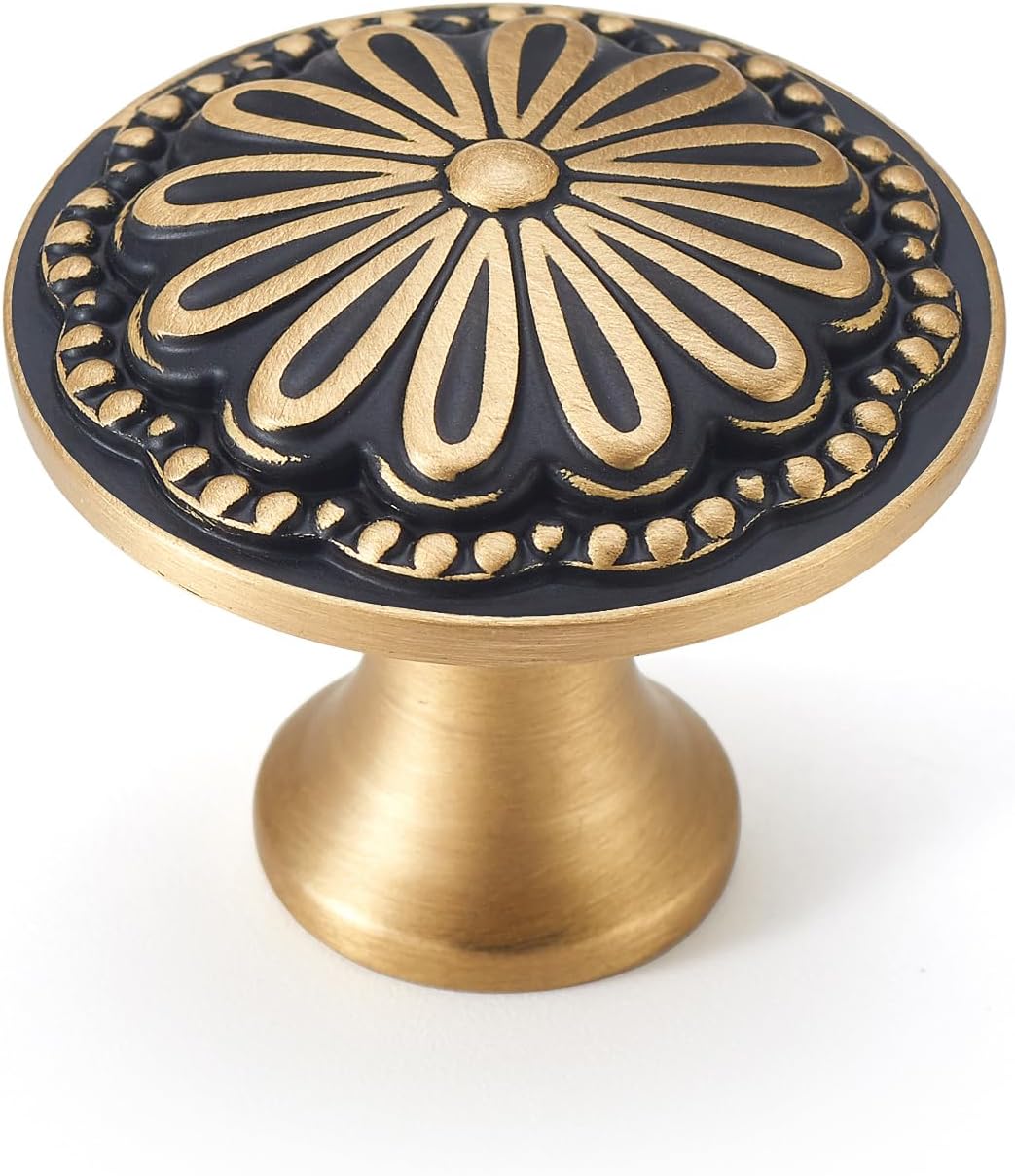 Black and Gold Flower Brass Drawer Pulls for Elegant Cabinets