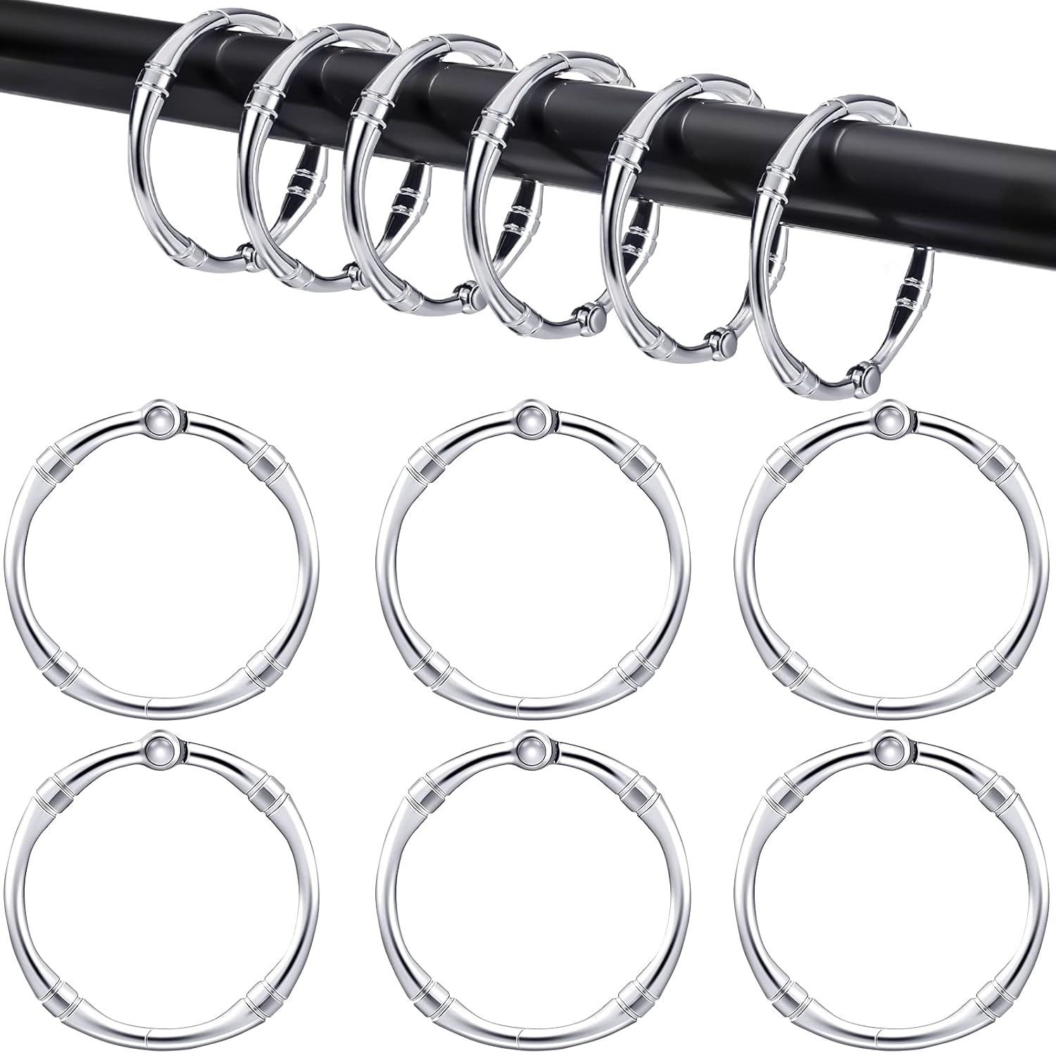 Rust Resistant Shower Curtain Rings - Easy Open Close