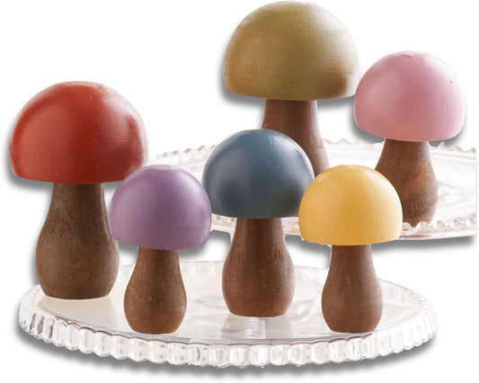 Rainbow Colored Wood Mushrooms Set of 6 for Unique Decor