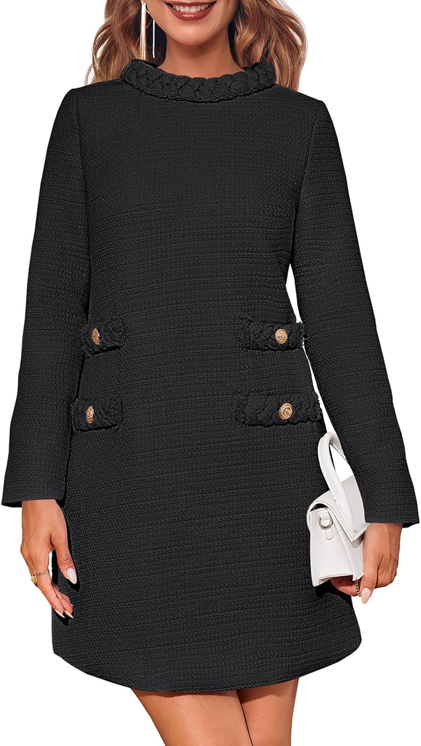 Wenrine Womens Long Sleeve Tweed Dress for Office Elegance