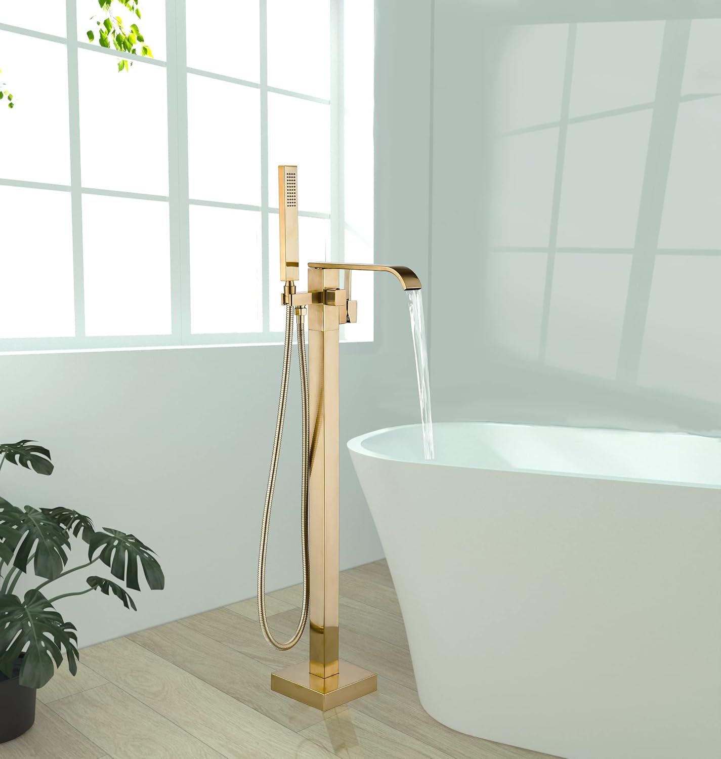 Brushed Gold Freestanding Bathtub Faucet with Hand Shower 360ft