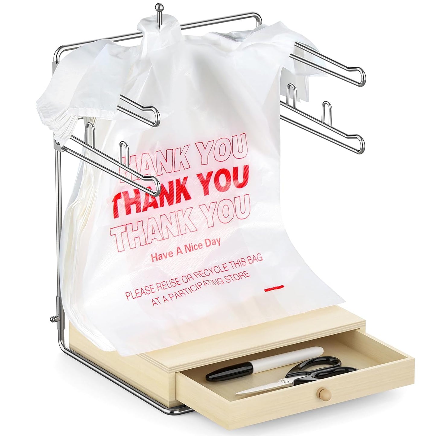 Plastic Grocery Bag Holder with Wooden Base for Easy Storage