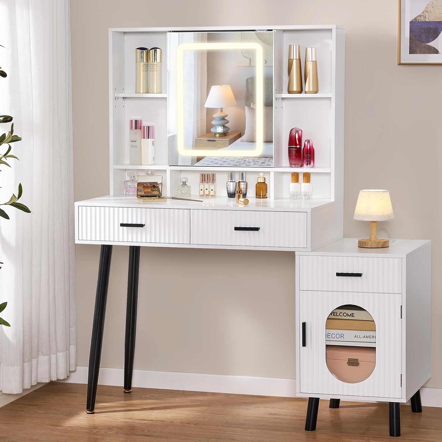 BEWISHOME White Vanity Desk with Lights & Power Outlet