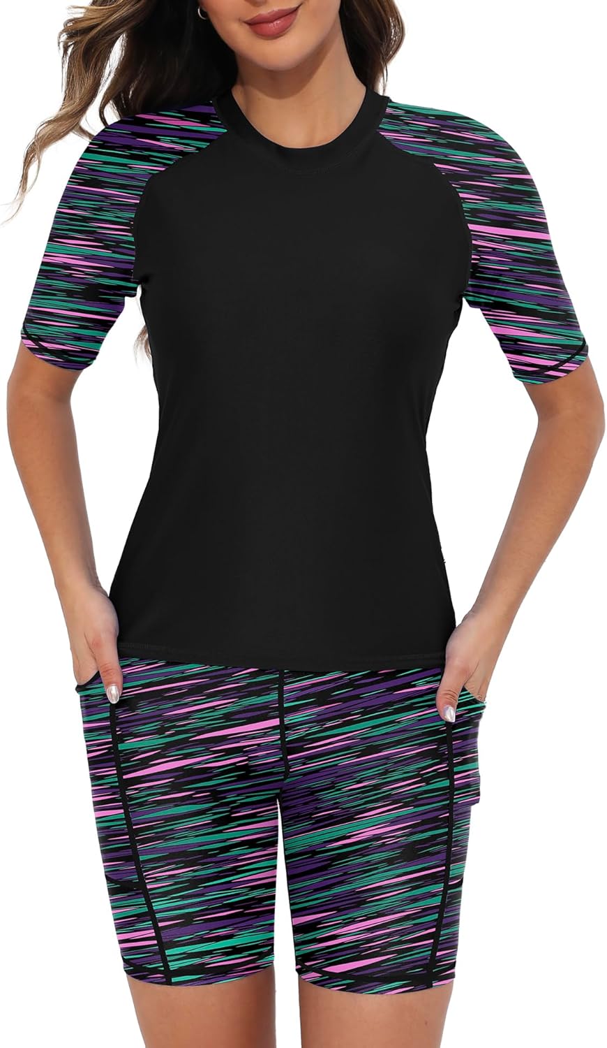 Tournesol Women's Two Piece Rash Guard Swim Set with Pockets