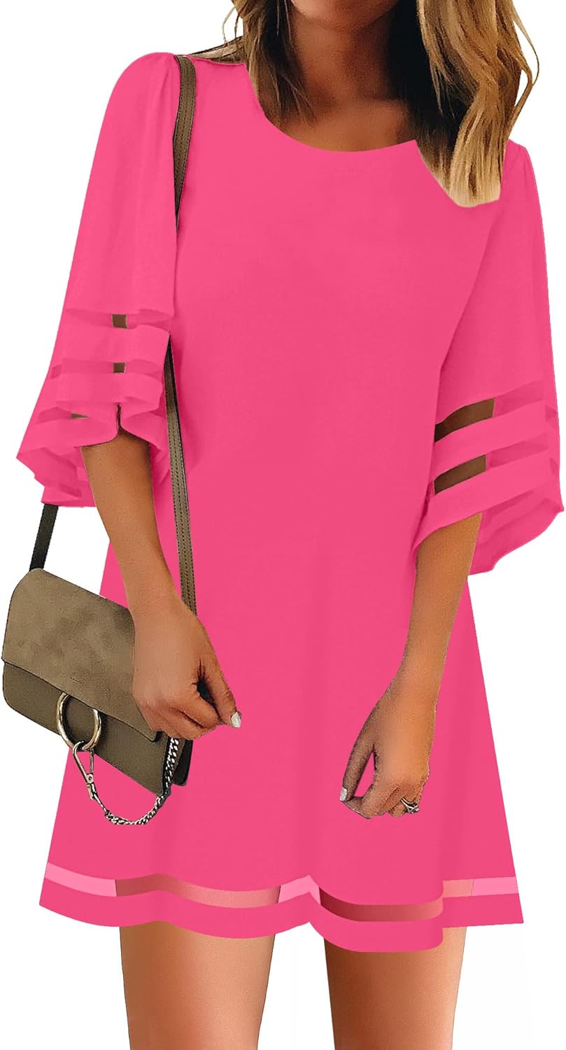 Casual Crewneck Mesh Panel Bell Sleeve Tunic Dress for Women