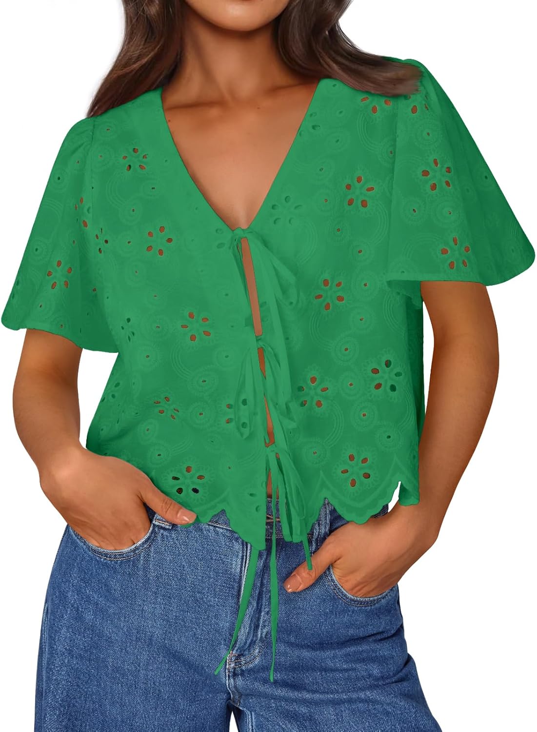 Trendy Queen Womens Tie Front Tops for Summer Beach Vacation