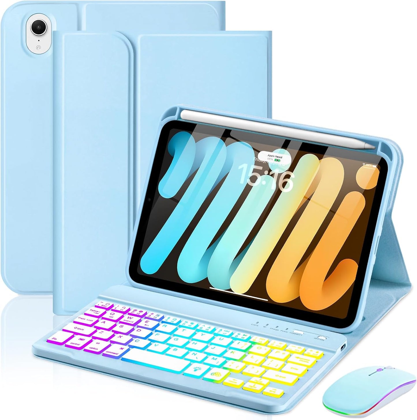 iPad Mini 7 Keyboard Case with Rainbow Backlight and Pen Slot