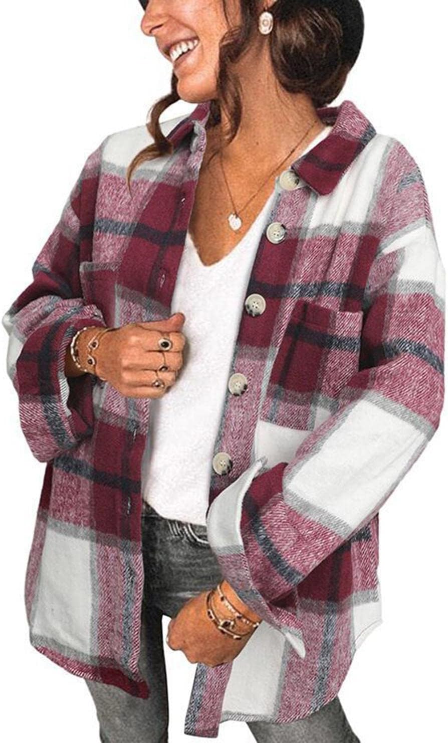 Women's Brushed Plaid Shirts Long Sleeve Flannel Shacket Jacket