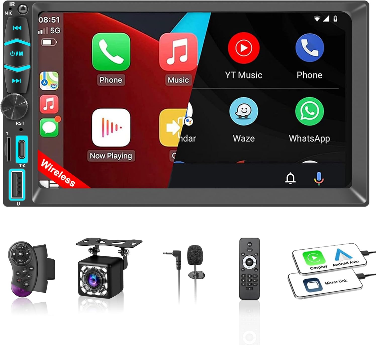 Double Din Car Stereo with 7in HD Touchscreen and Wireless Features