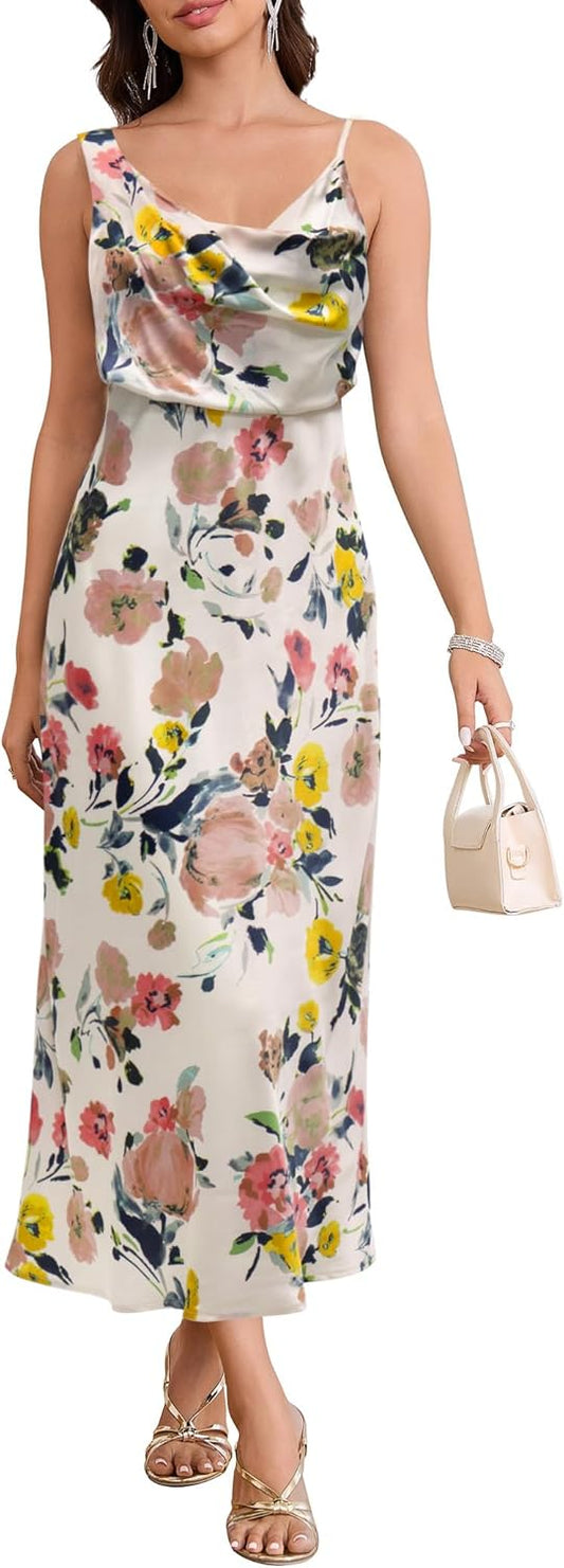 Elegant Cowl Neck Satin Dress for Summer Wedding Guests