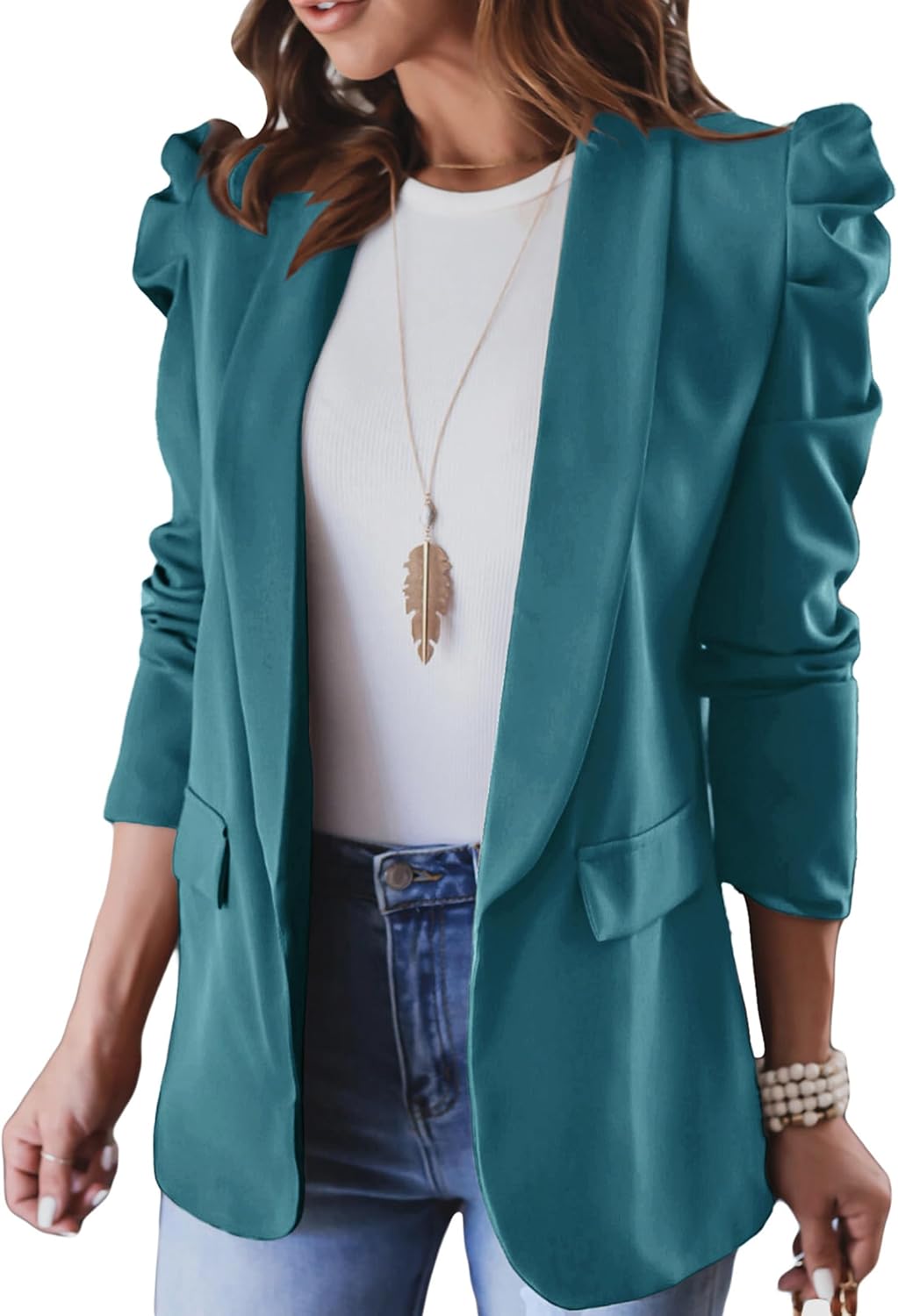 KIRUNDO Women's Casual Blazers Puff Sleeve Open Front Jacket