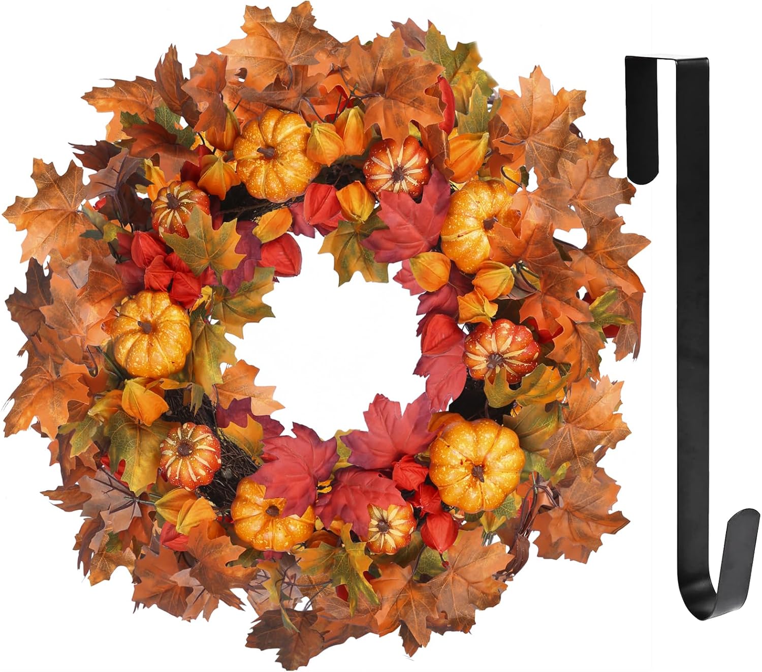 24 Inch Fall Wreath for Front Door with Pumpkins and Leaves