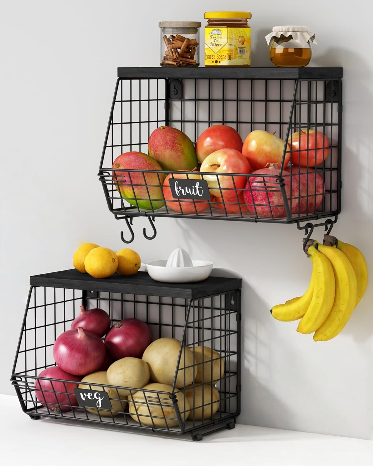 Black Kitchen Wall Hanging Storage Basket Set for Organizing