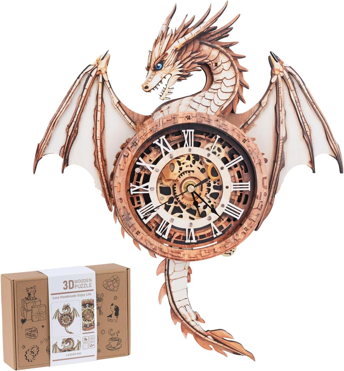 3D Wooden Puzzles for Adults - Dragon Clock Kit for Home Decor