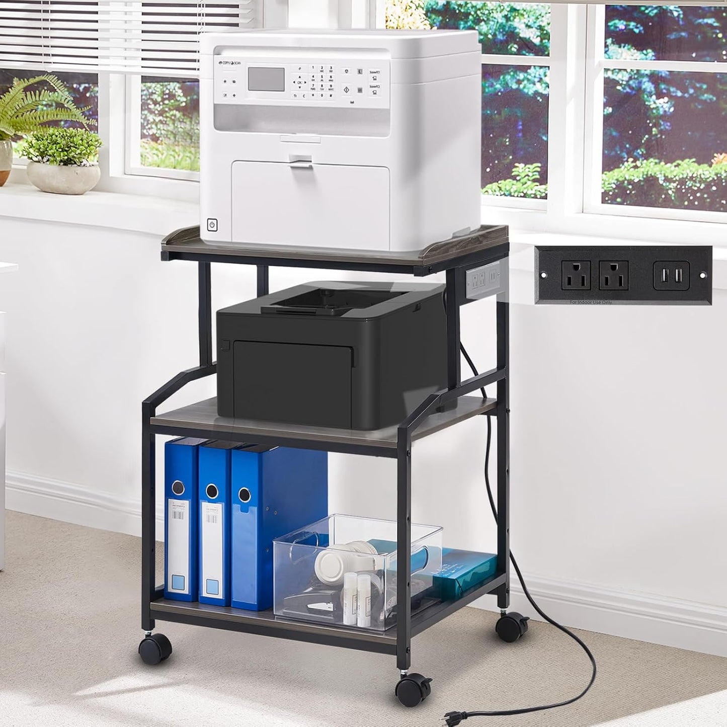 Black Printer Stand with Power Outlets & Wheels