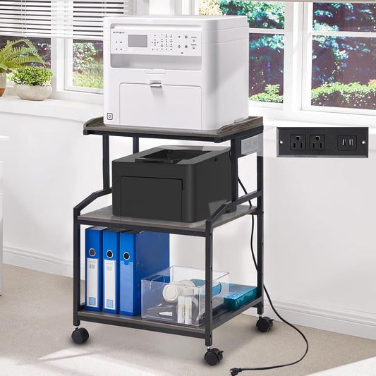 Black Printer Stand with Power Outlets & Wheels