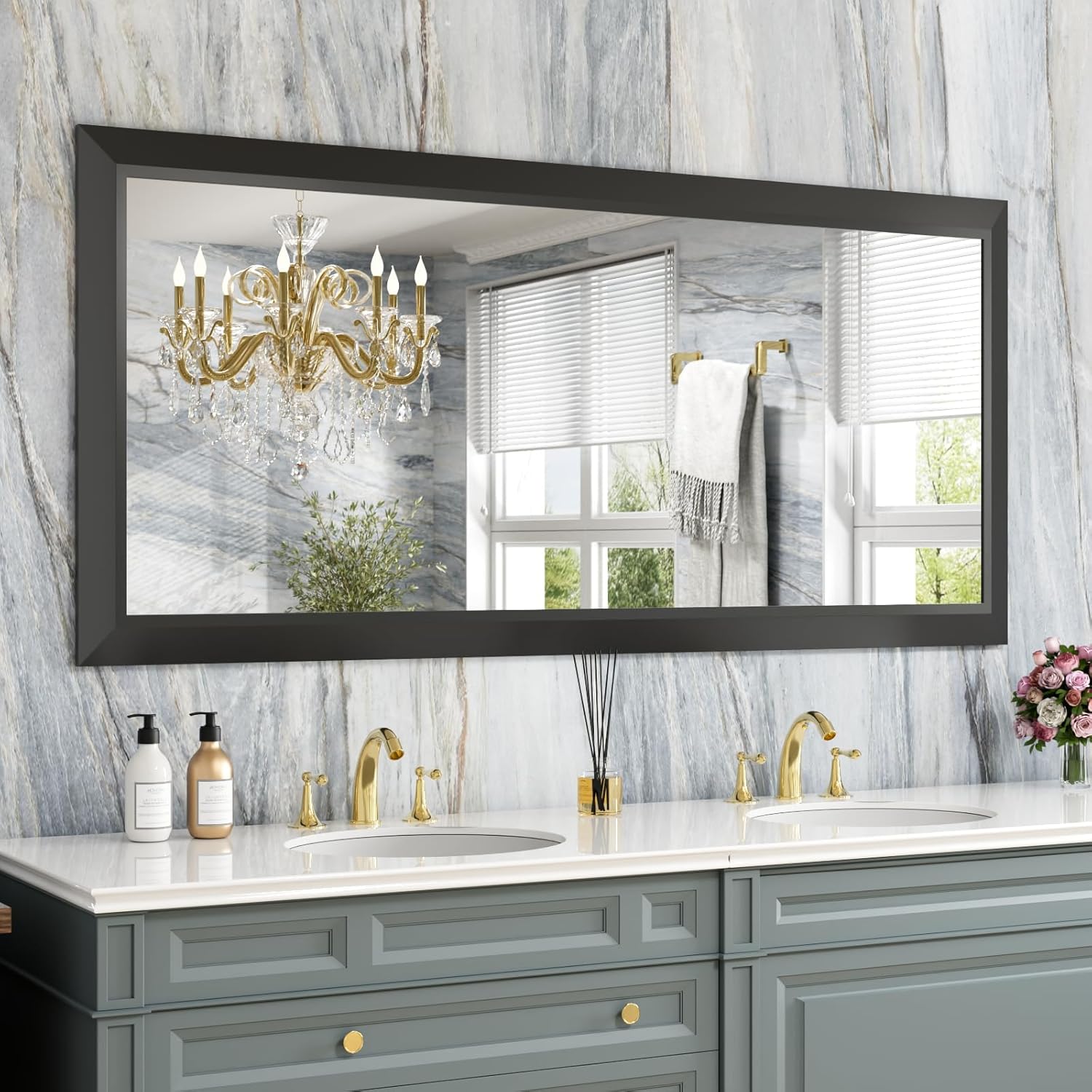 Amorho Black Bathroom Mirror, 60 X 28 Inch Thick Metal Frame