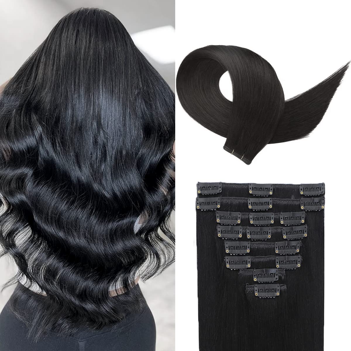 Clip in Hair Extensions Real Human Hair 22in Jet Black 8Pcs