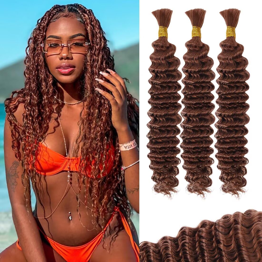 Brown Human Braiding Hair Deep Water Wave Bulk for Boho Braids
