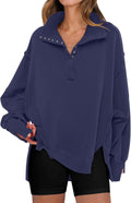 Oversized Button Up Henley Sweatshirt - Casual High Low Split ANRABESS