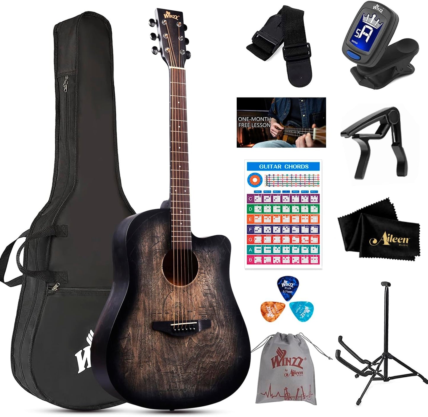 WINZZ Hand-Rubbed Acoustic Guitar Bundle - Adult Beginner Starter Kit