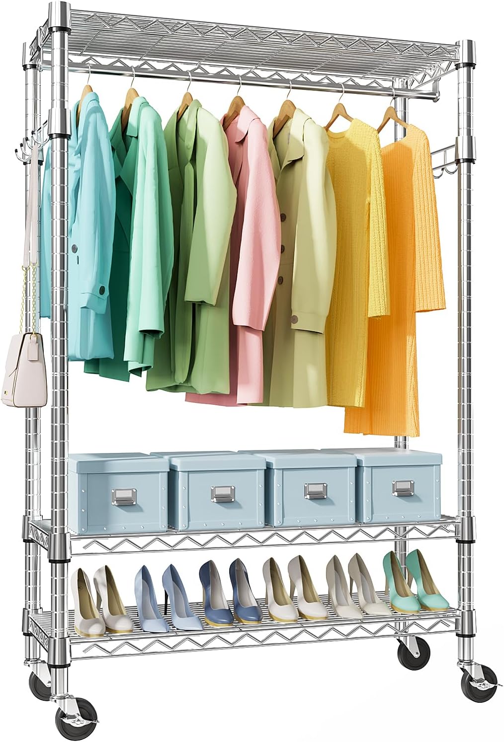 Heavy Duty Rolling Garment Rack with Adjustable Shelving and Wheels