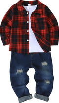 Toddler Boy 3-Piece Flannel Shirt and Ripped Jeans Outfit Set