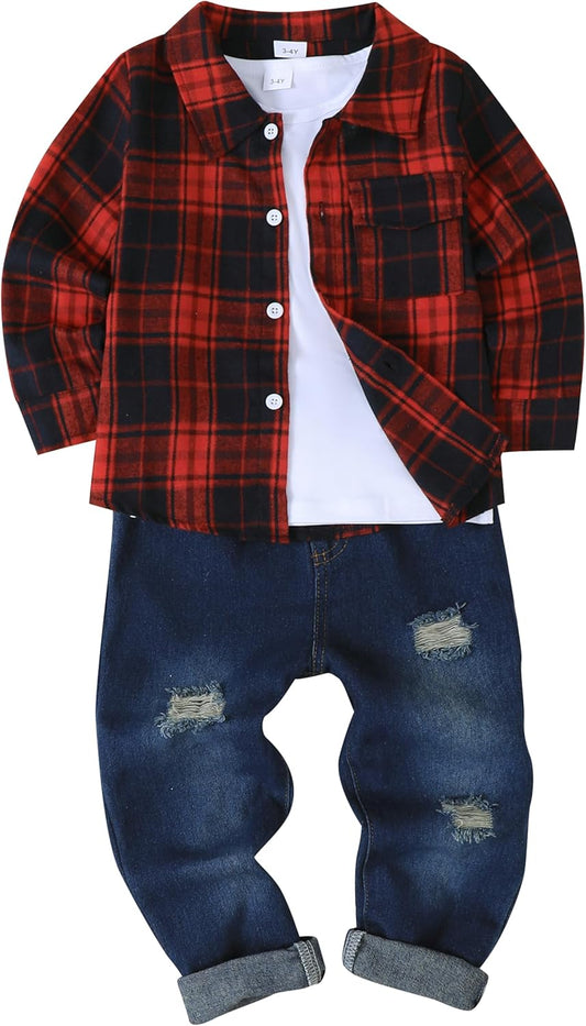 Renotemy Toddler Boy Clothes 3-Piece Flannel & Ripped Jeans
