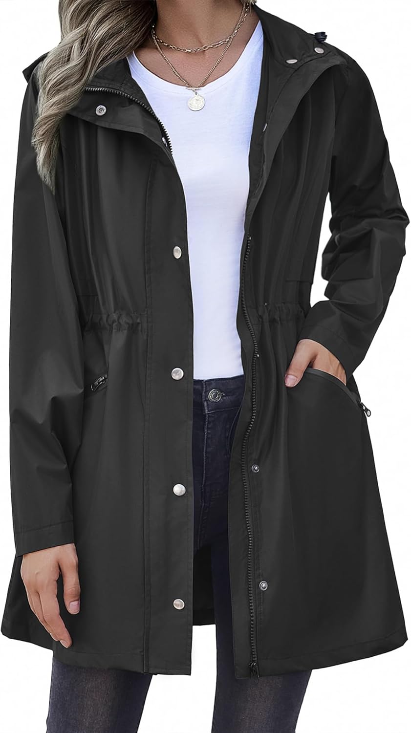 Zeagoo Waterproof Long Hooded Rain Jacket for Women Travel