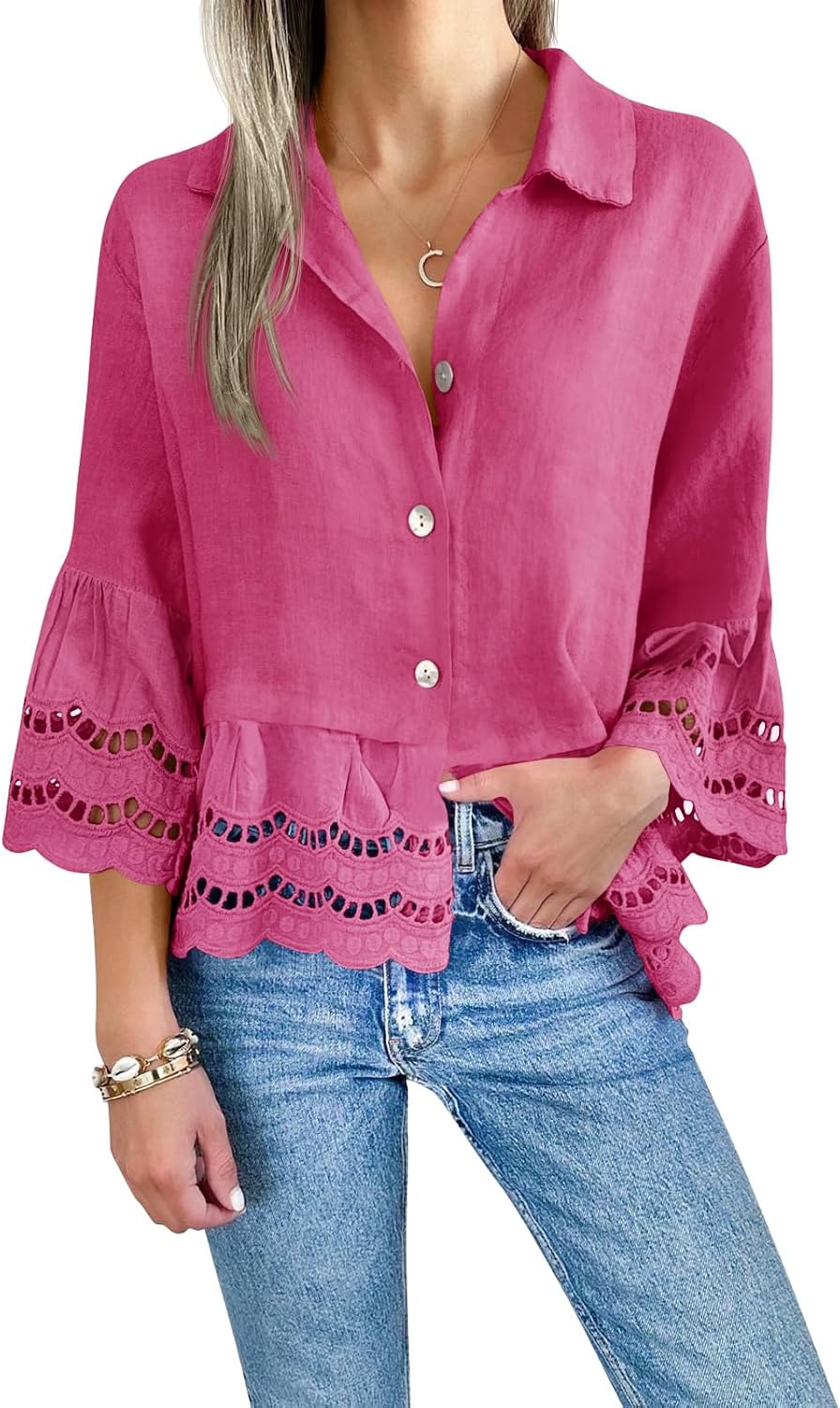 Cicy Bell Womens 3/4 Sleeve Button Down Blouse for Casual Style