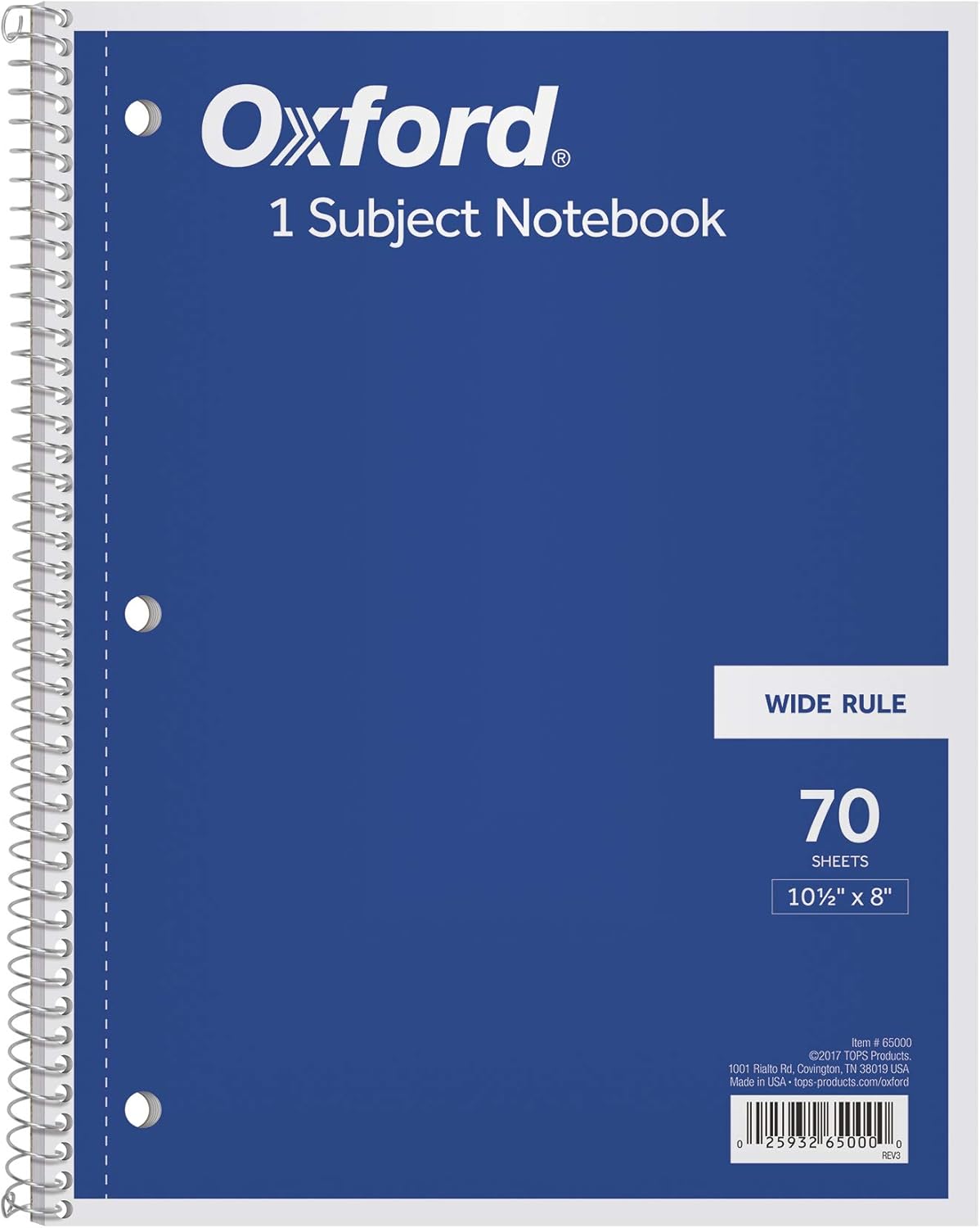 TOPS Oxford 1-Subject Spiral Notebook - Wide Rule for Neat Writing